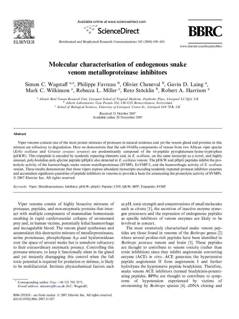عکس صفحه اول مقاله: Molecular characterisation of endogenous snake venom metalloproteinase inhibitors Molecular characterisation of endogenous snake venom metalloproteinase inhibitors