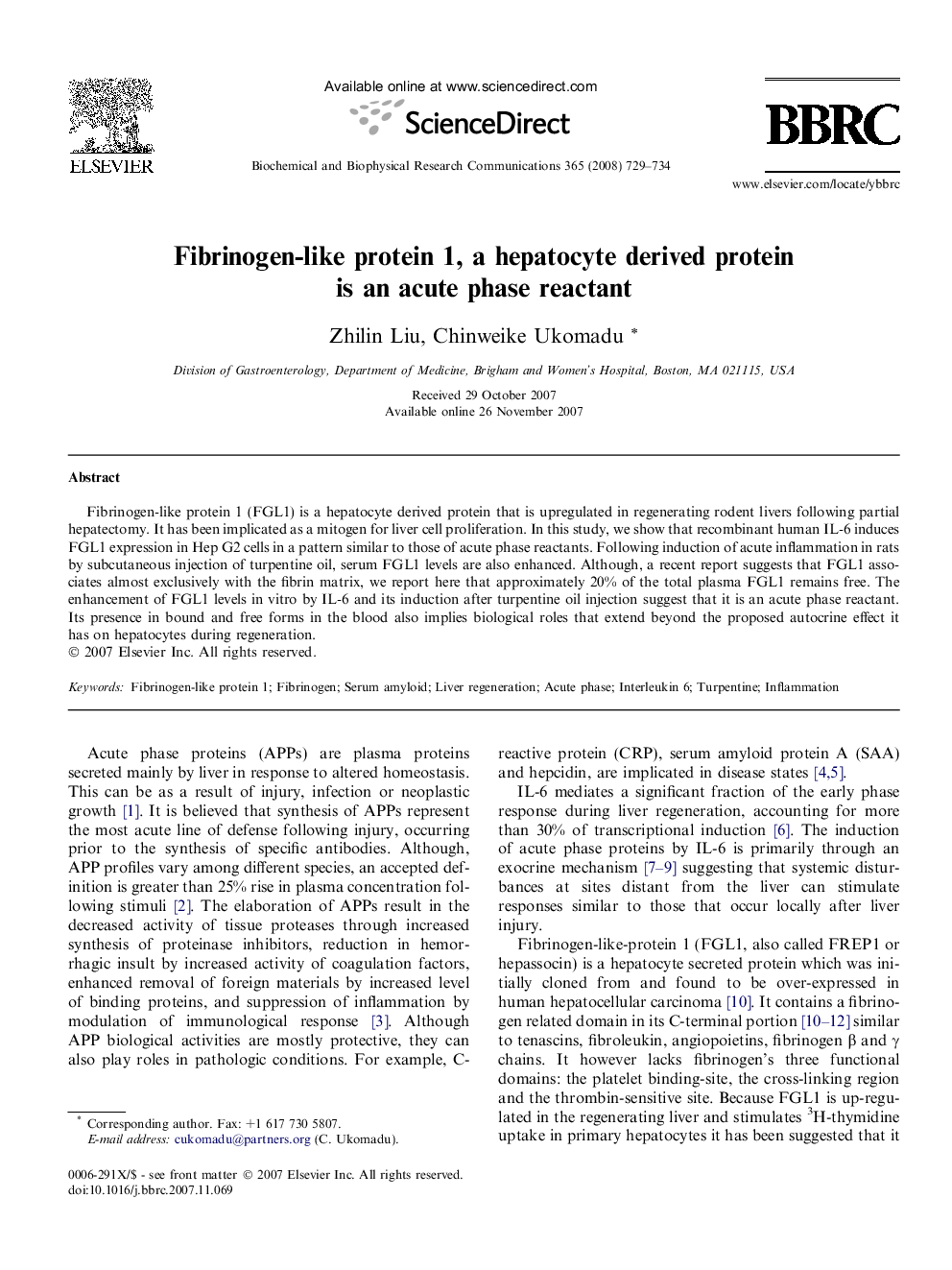Fibrinogen-like protein 1, a hepatocyte derived protein is an acute phase reactant