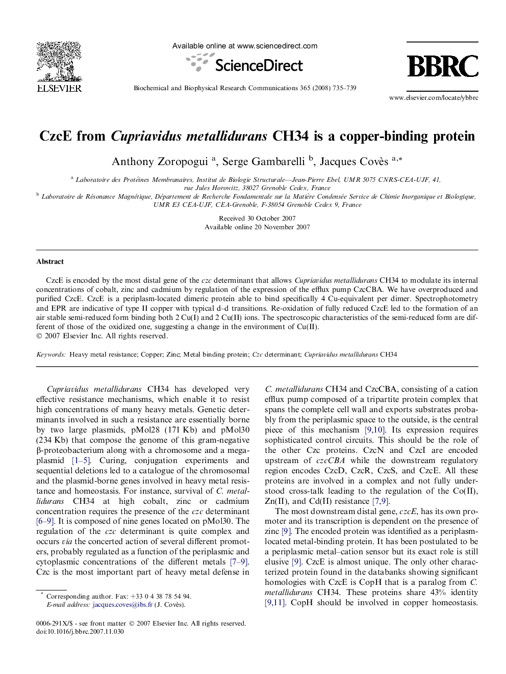 CzcE from Cupriavidus metallidurans CH34 is a copper-binding protein