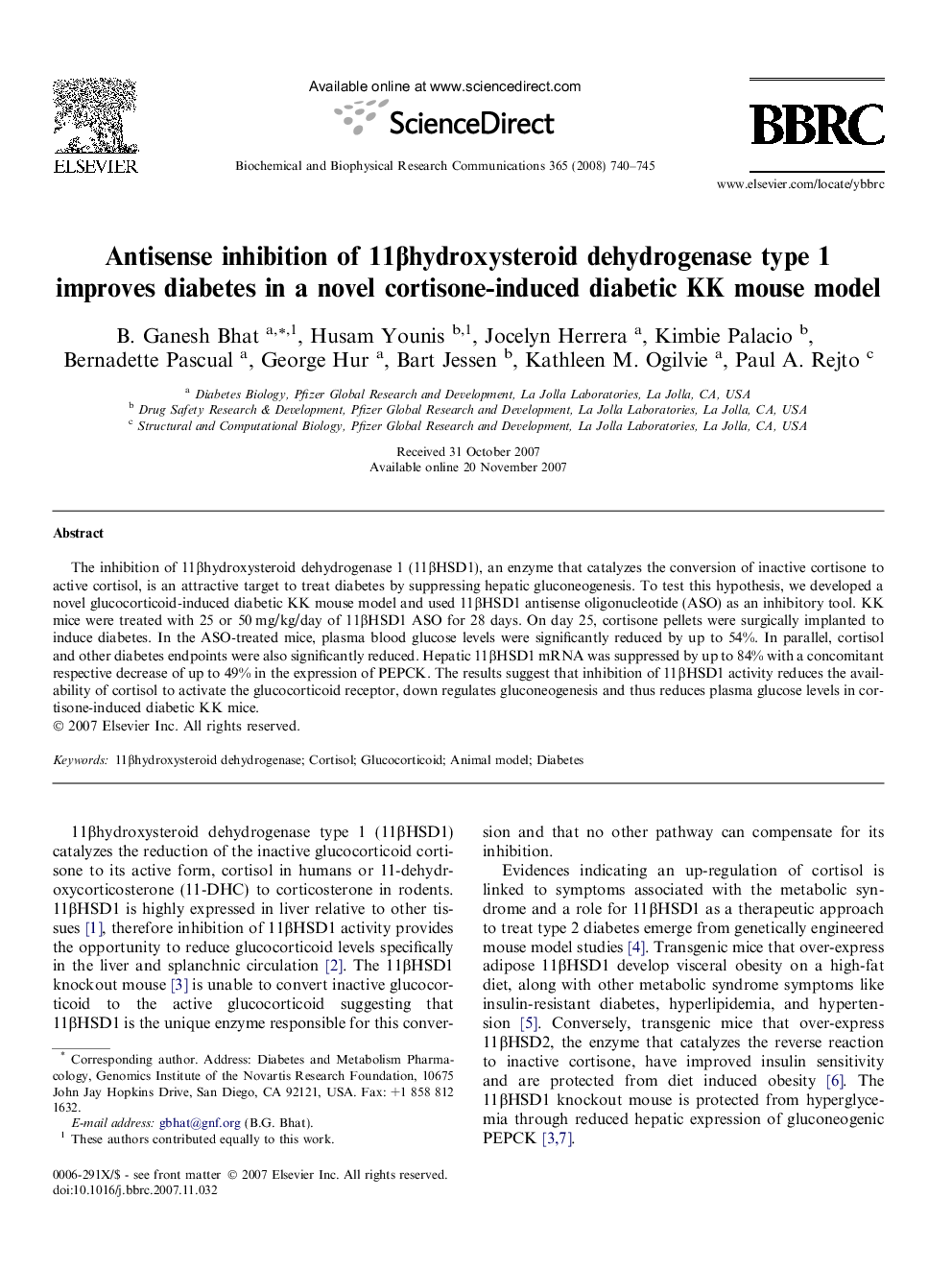 Antisense inhibition of 11βhydroxysteroid dehydrogenase type 1 improves diabetes in a novel cortisone-induced diabetic KK mouse model