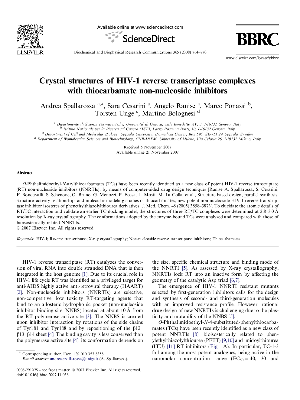 Crystal structures of HIV-1 reverse transcriptase complexes with thiocarbamate non-nucleoside inhibitors