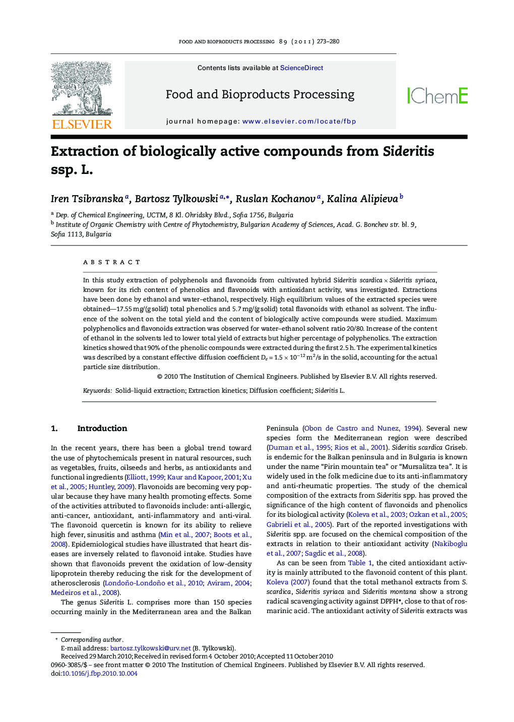 Extraction of biologically active compounds from Sideritis ssp. L.