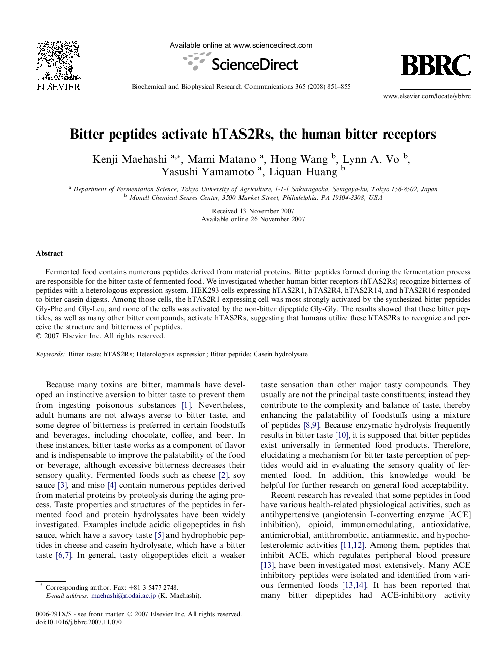 Bitter peptides activate hTAS2Rs, the human bitter receptors