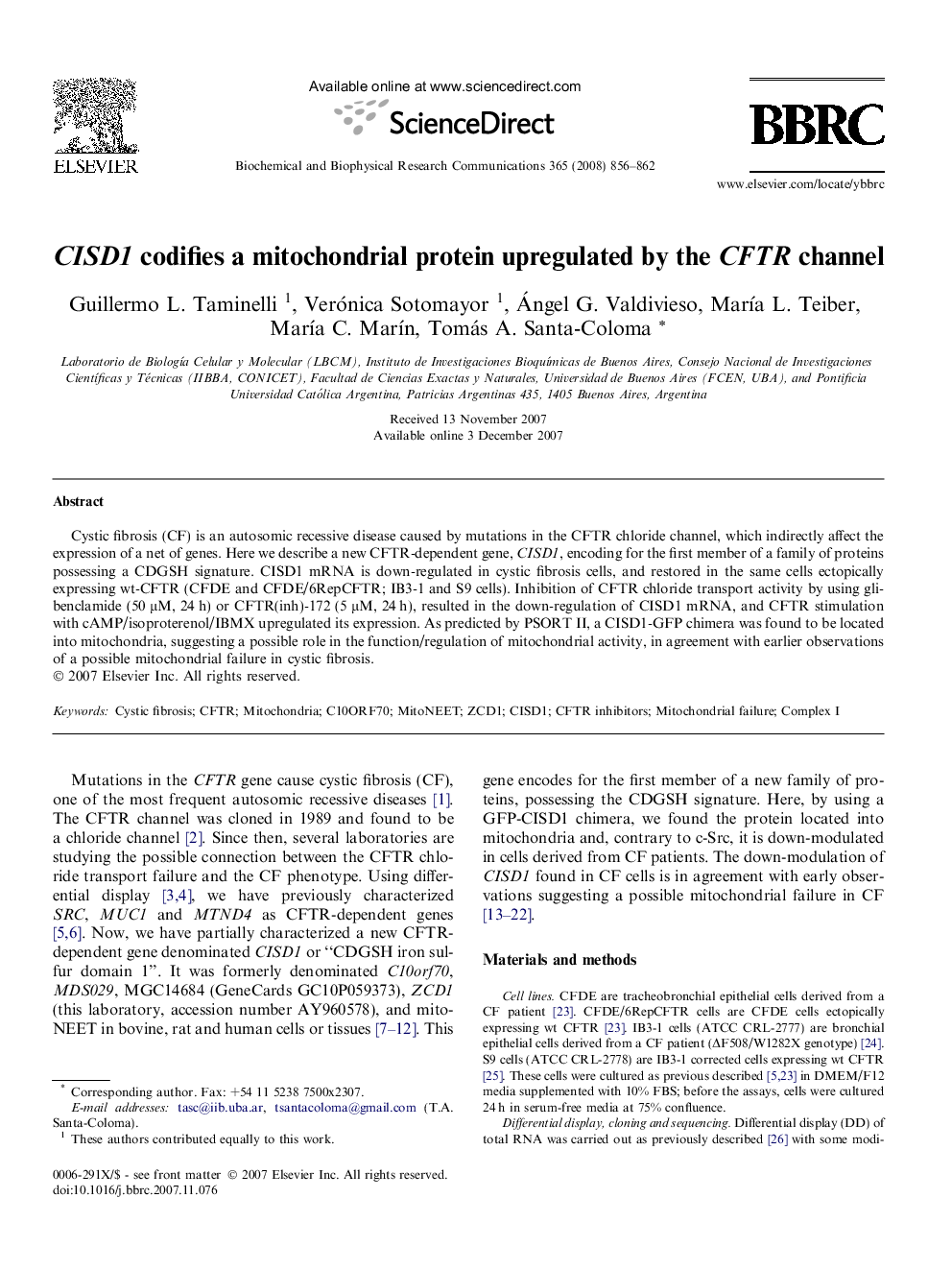 CISD1 codifies a mitochondrial protein upregulated by the CFTR channel