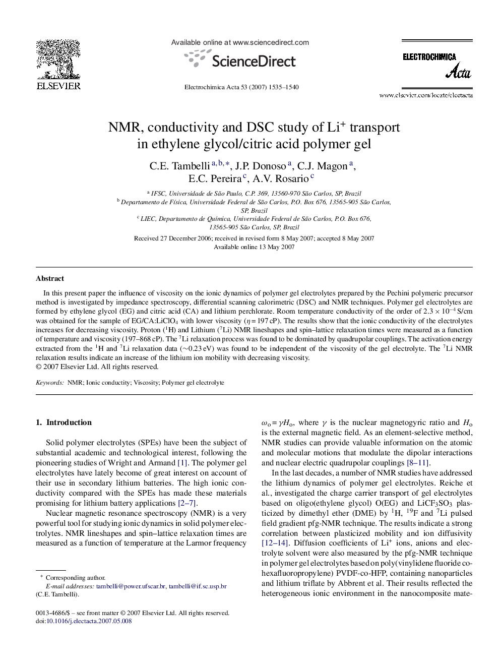 NMR, conductivity and DSC study of Li+ transport in ethylene glycol/citric acid polymer gel