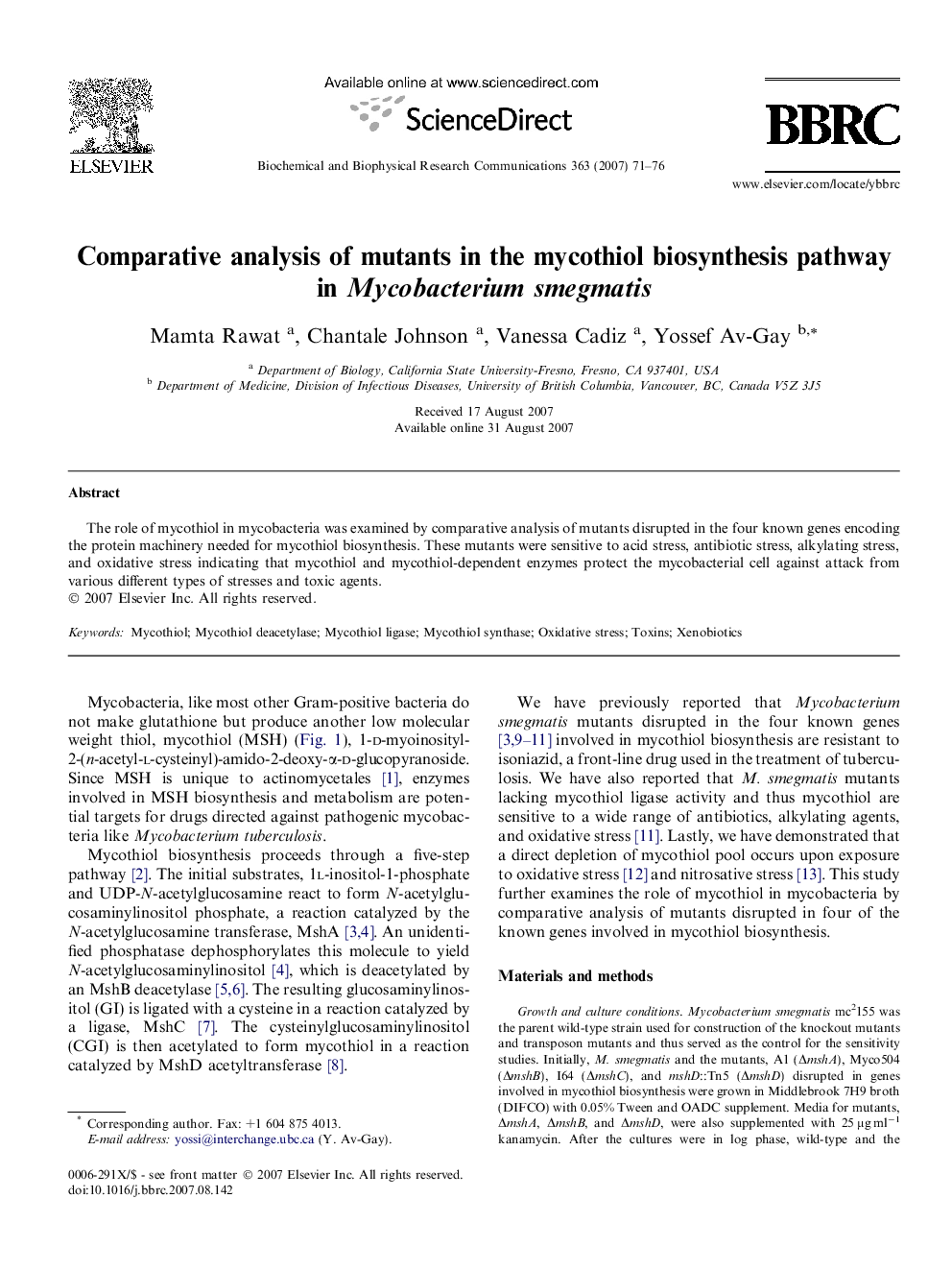 Comparative analysis of mutants in the mycothiol biosynthesis pathway in Mycobacterium smegmatis