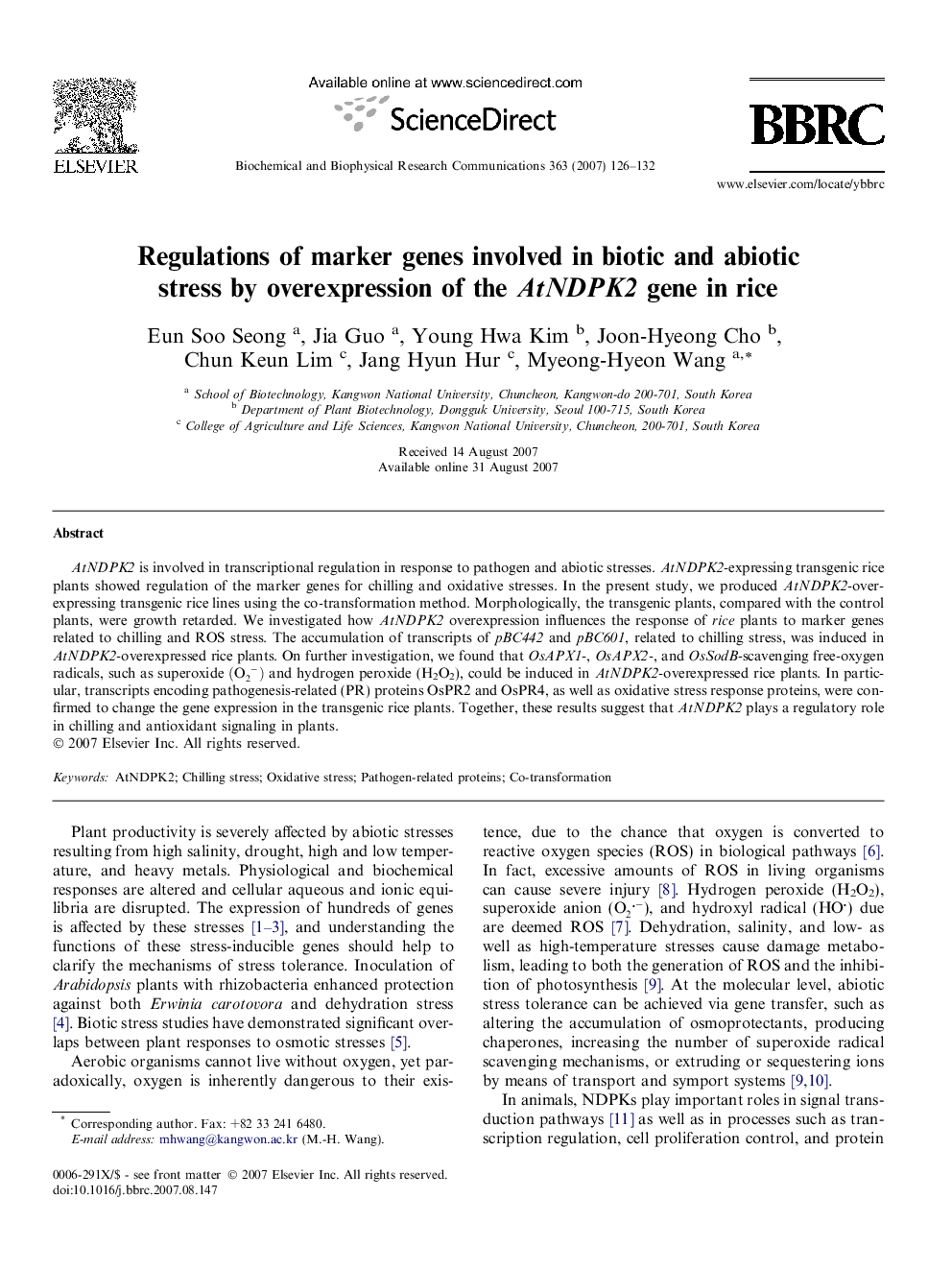 Regulations of marker genes involved in biotic and abiotic stress by overexpression of the AtNDPK2 gene in rice