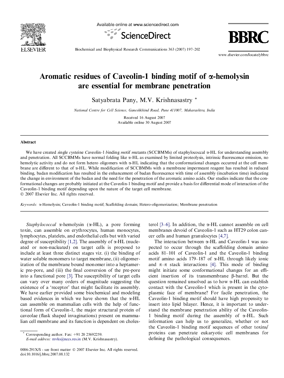 Aromatic residues of Caveolin-1 binding motif of α-hemolysin are essential for membrane penetration