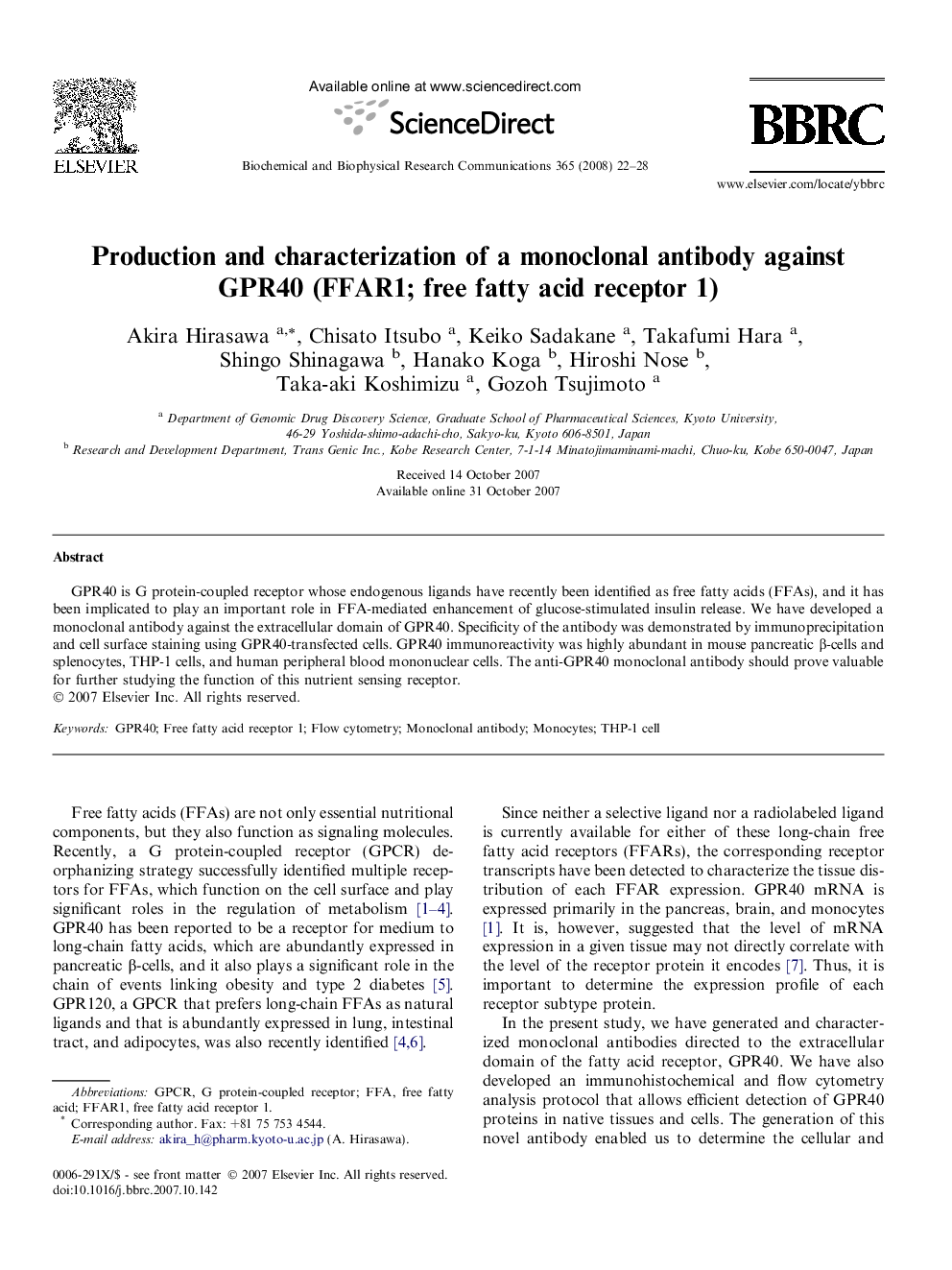 Production and characterization of a monoclonal antibody against GPR40 (FFAR1; free fatty acid receptor 1)