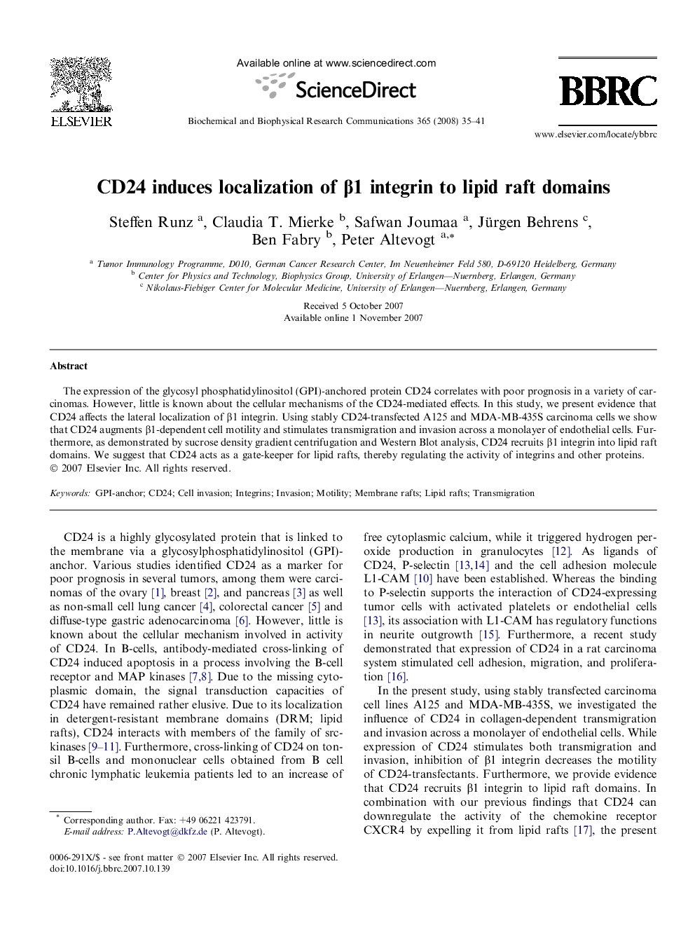 CD24 induces localization of β1 integrin to lipid raft domains