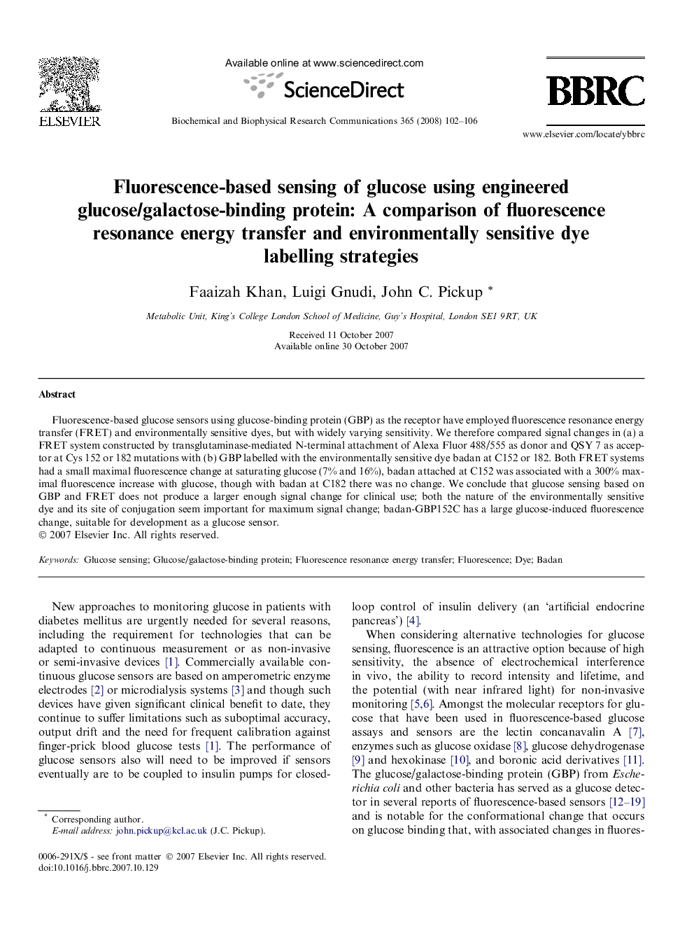 Fluorescence-based sensing of glucose using engineered glucose/galactose-binding protein: A comparison of fluorescence resonance energy transfer and environmentally sensitive dye labelling strategies