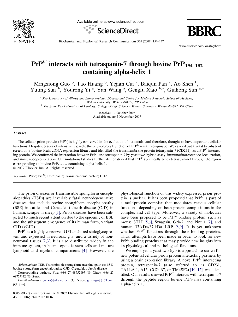 PrPC interacts with tetraspanin-7 through bovine PrP154–182 containing alpha-helix 1