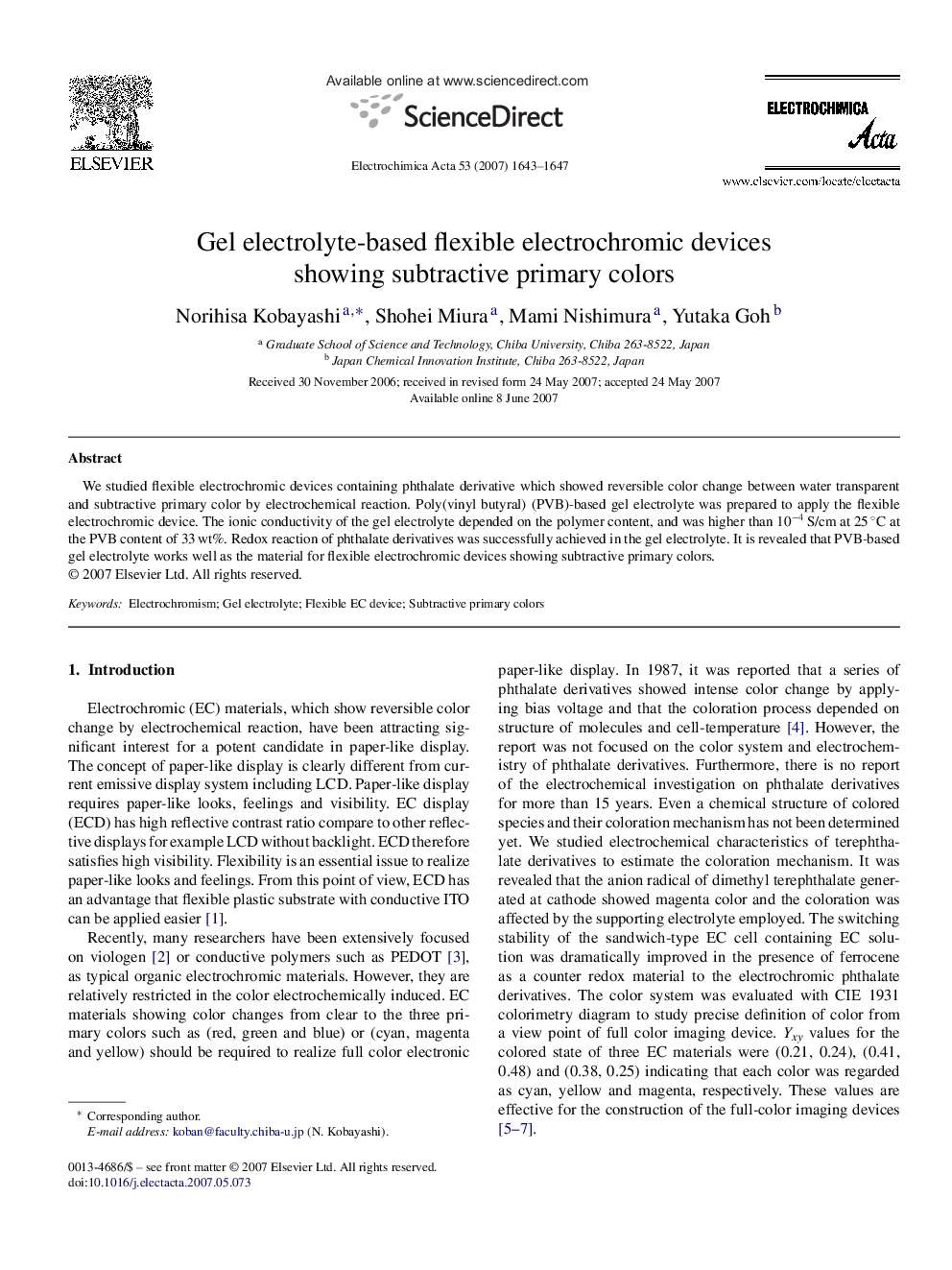 Gel electrolyte-based flexible electrochromic devices showing subtractive primary colors