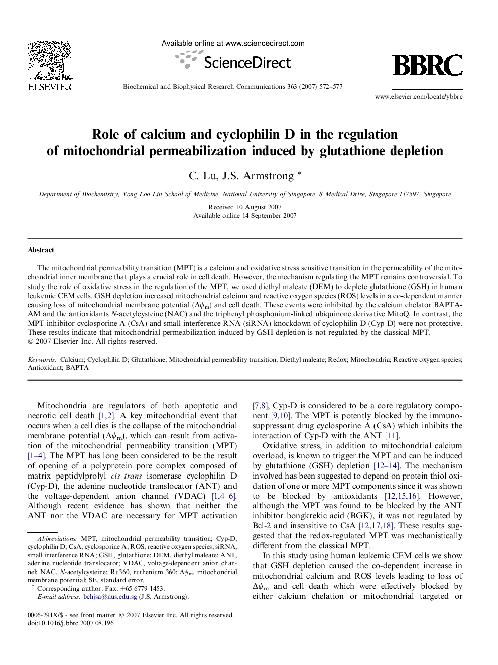 Role of calcium and cyclophilin D in the regulation of mitochondrial permeabilization induced by glutathione depletion