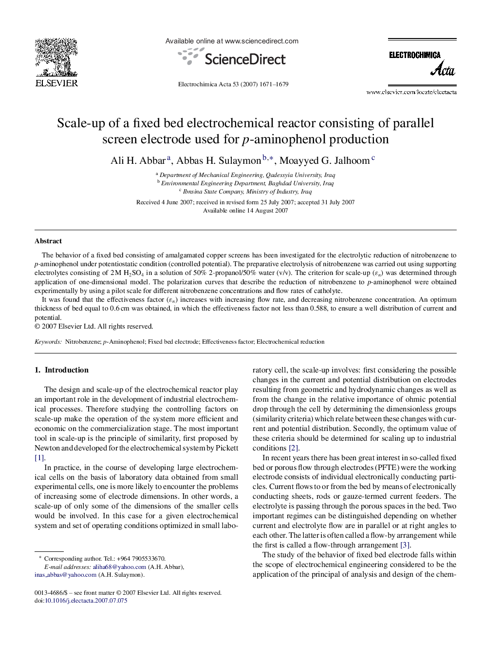 Scale-up of a fixed bed electrochemical reactor consisting of parallel screen electrode used for p-aminophenol production