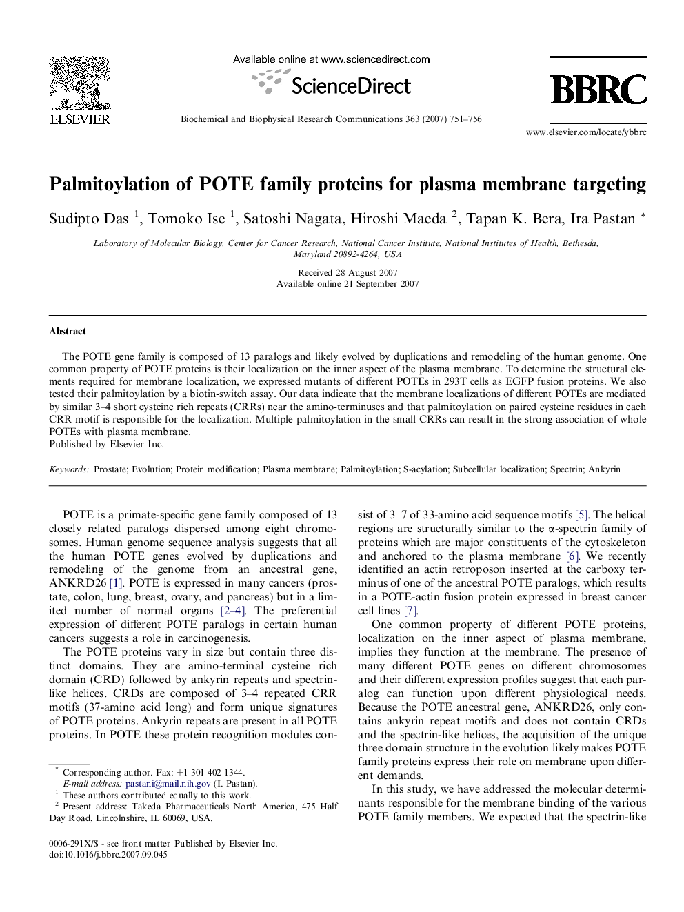 Palmitoylation of POTE family proteins for plasma membrane targeting