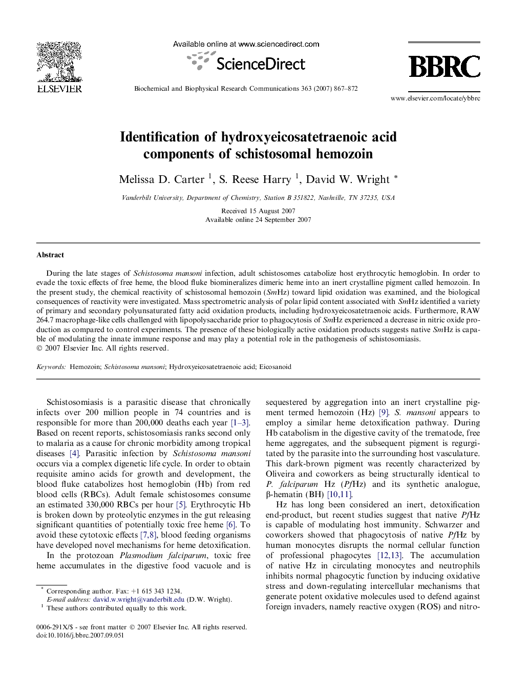 Identification of hydroxyeicosatetraenoic acid components of schistosomal hemozoin