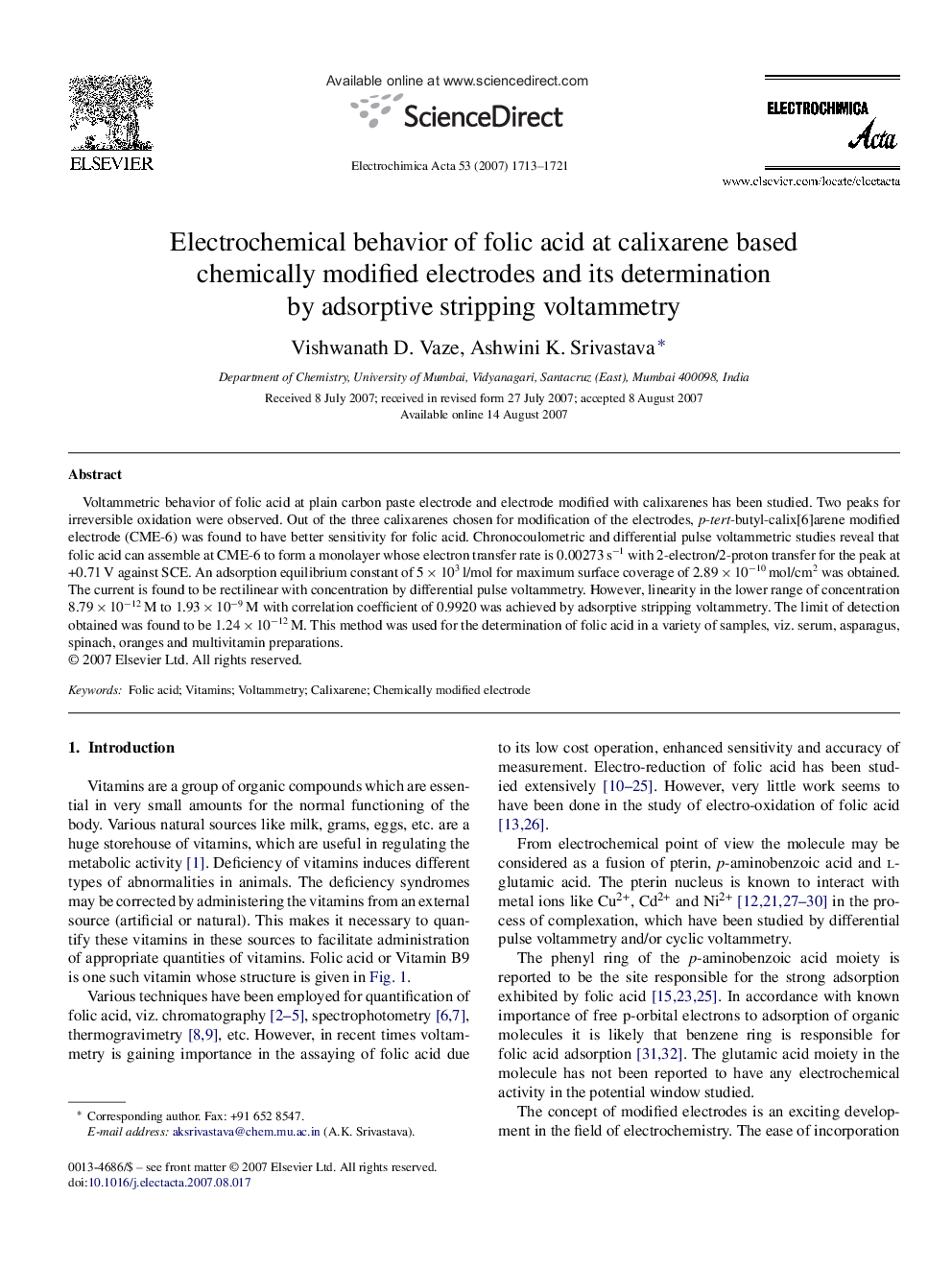 Electrochemical behavior of folic acid at calixarene based chemically modified electrodes and its determination by adsorptive stripping voltammetry