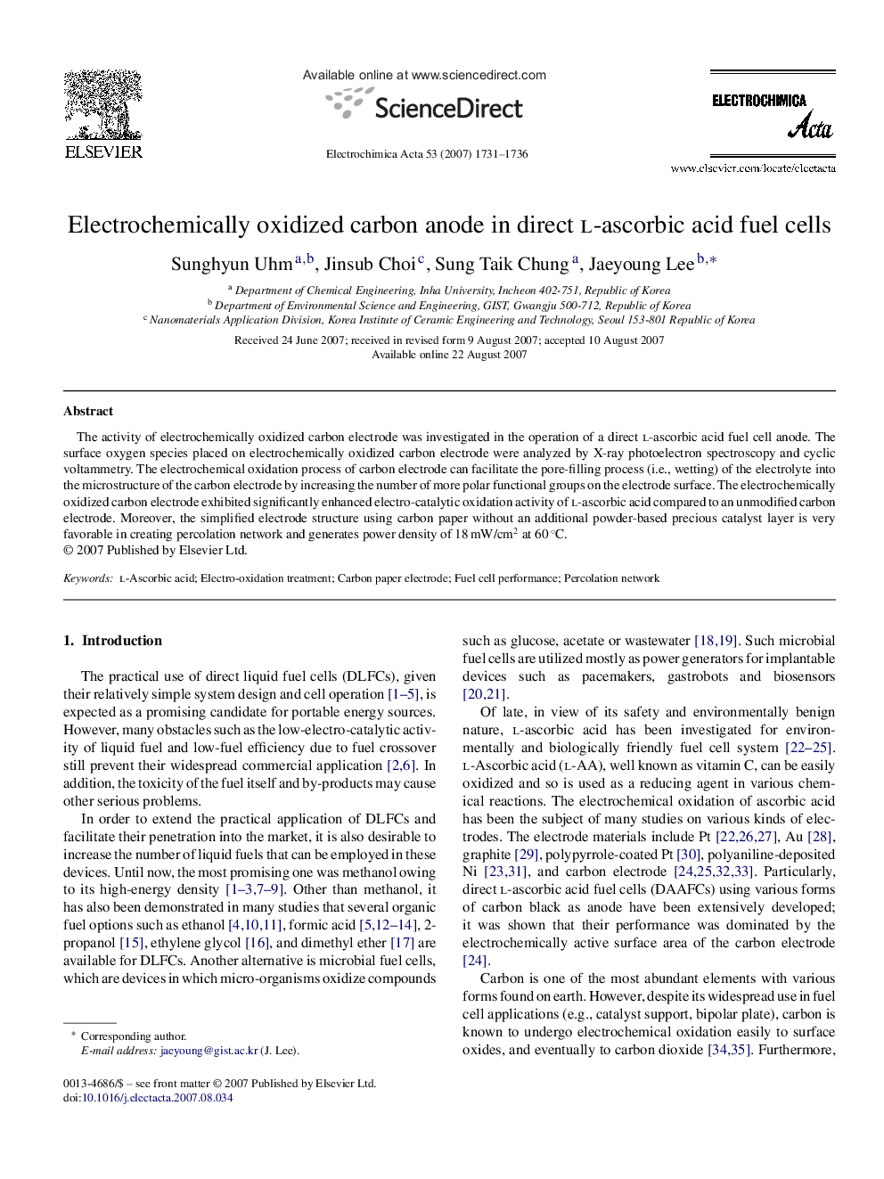 Electrochemically oxidized carbon anode in direct l-ascorbic acid fuel cells