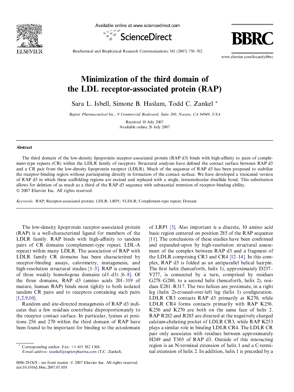 عکس صفحه اول مقاله: Minimization of the third domain of the LDL receptor-associated protein (RAP) Minimization of the third domain of the LDL receptor-associated protein (RAP)