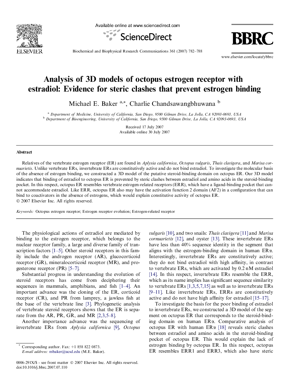 Analysis of 3D models of octopus estrogen receptor with estradiol: Evidence for steric clashes that prevent estrogen binding