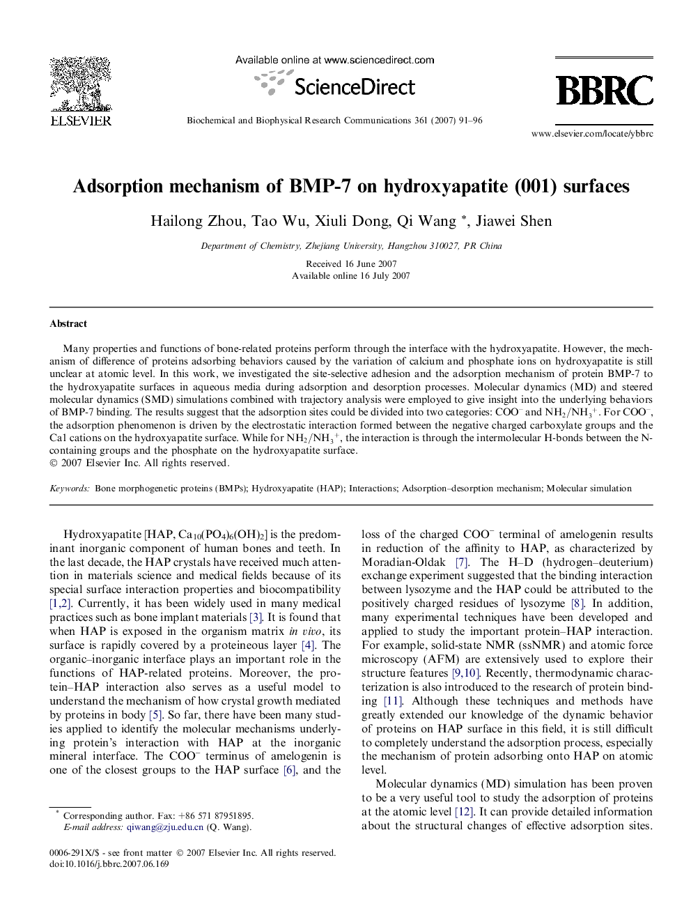 Adsorption mechanism of BMP-7 on hydroxyapatite (001) surfaces