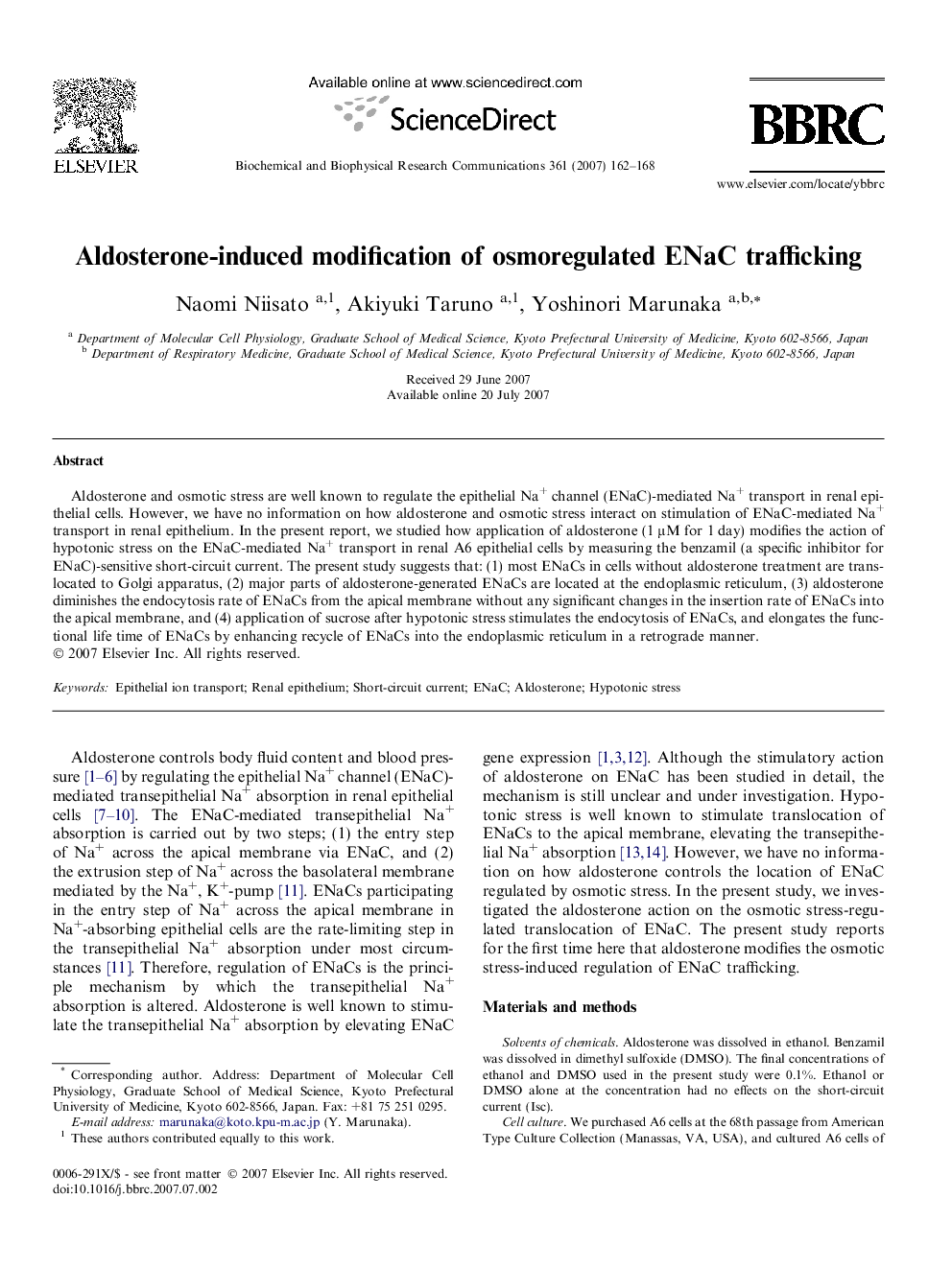 Aldosterone-induced modification of osmoregulated ENaC trafficking