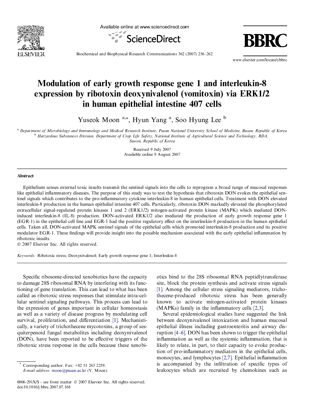 Modulation of early growth response gene 1 and interleukin-8 expression by ribotoxin deoxynivalenol (vomitoxin) via ERK1/2 in human epithelial intestine 407 cells