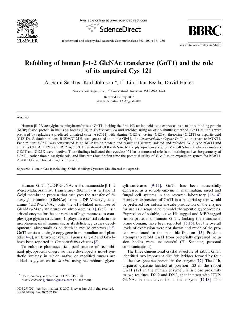 Refolding of human β-1-2 GlcNAc transferase (GnT1) and the role of its unpaired Cys 121