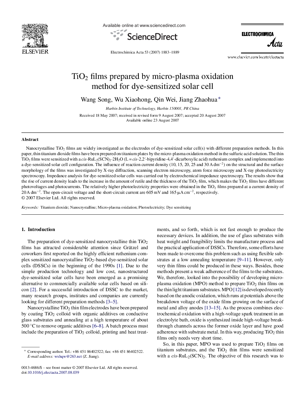 TiO2 films prepared by micro-plasma oxidation method for dye-sensitized solar cell