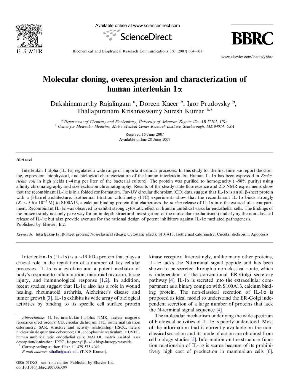 Molecular cloning, overexpression and characterization of human interleukin 1α