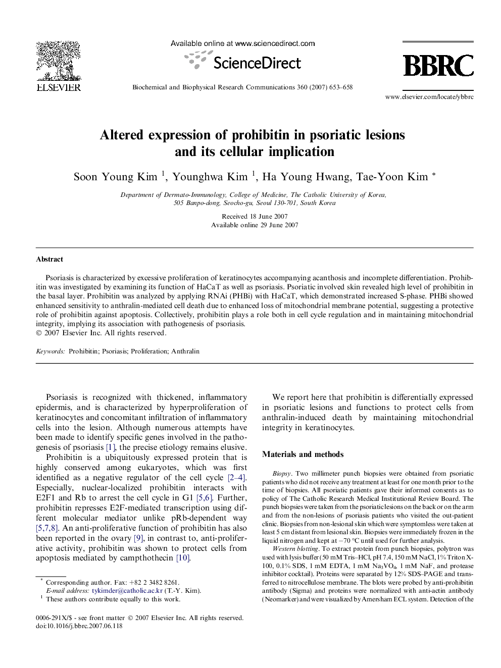 Altered expression of prohibitin in psoriatic lesions and its cellular implication