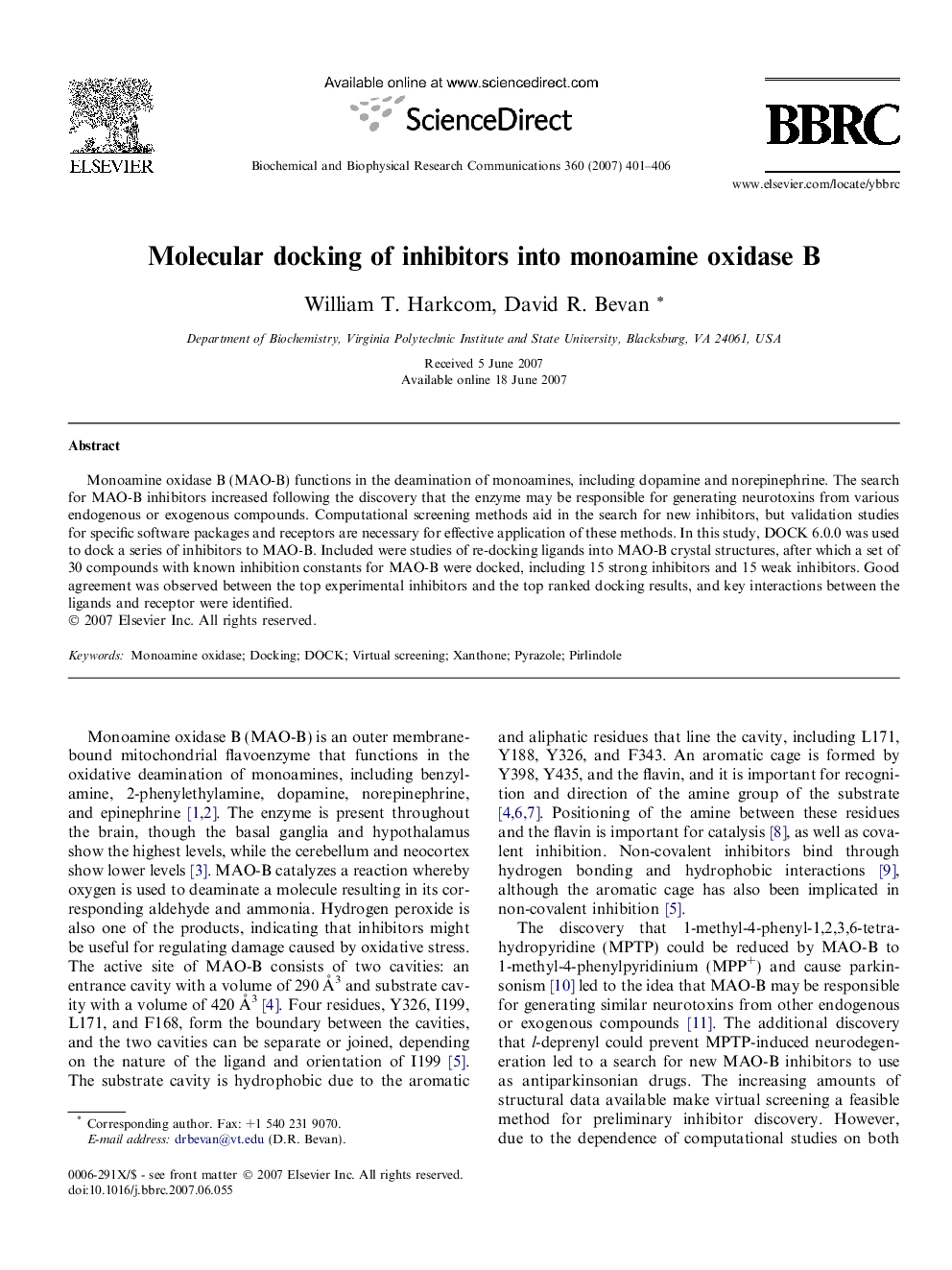 Molecular docking of inhibitors into monoamine oxidase B