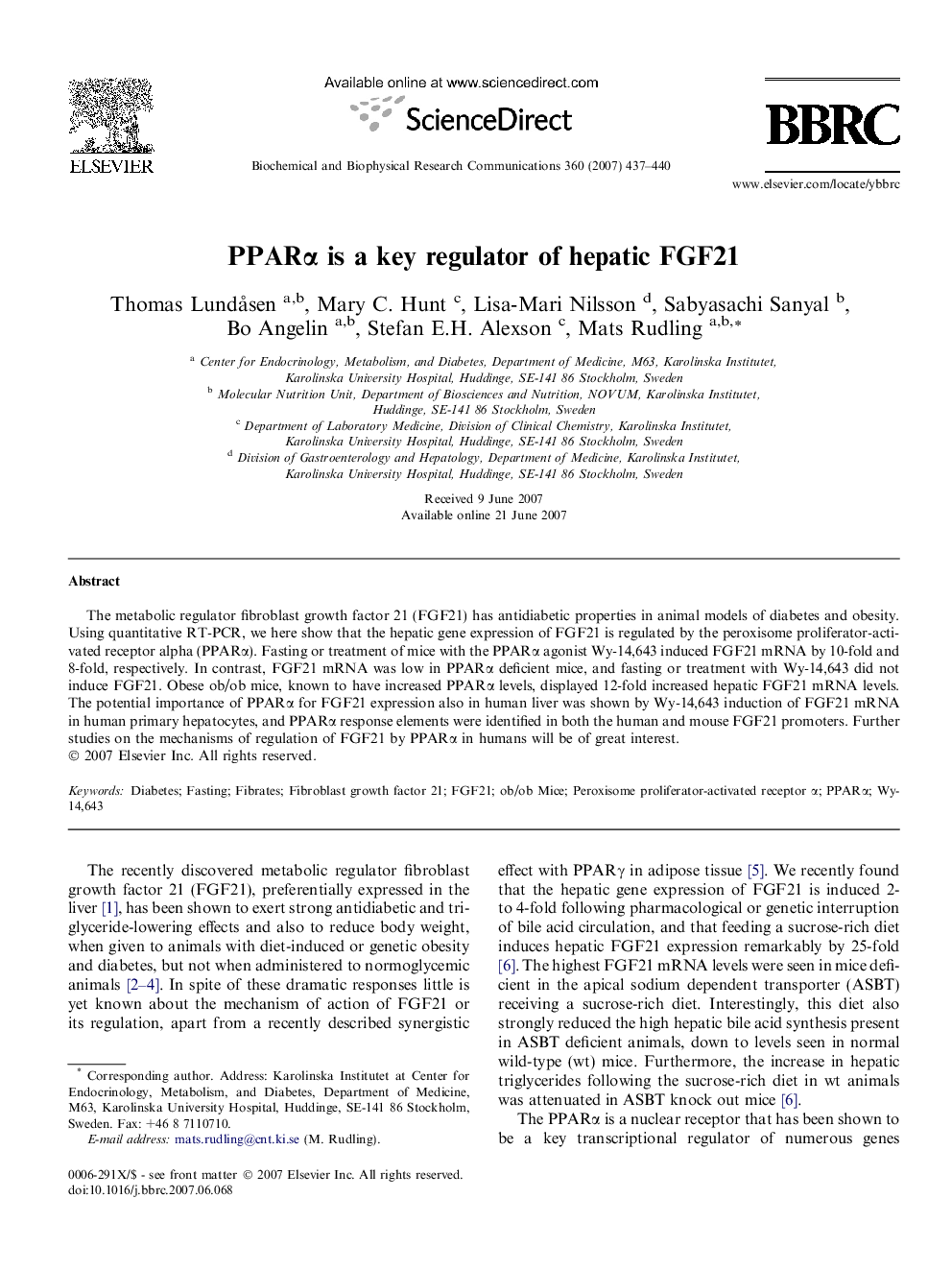 PPARα is a key regulator of hepatic FGF21