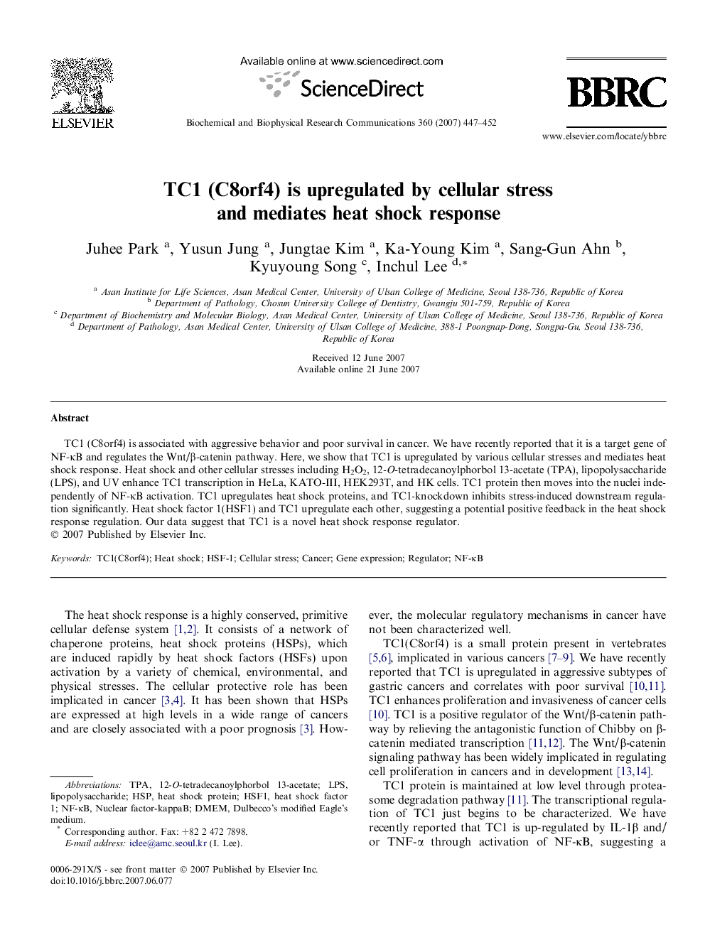 TC1 (C8orf4) is upregulated by cellular stress and mediates heat shock response