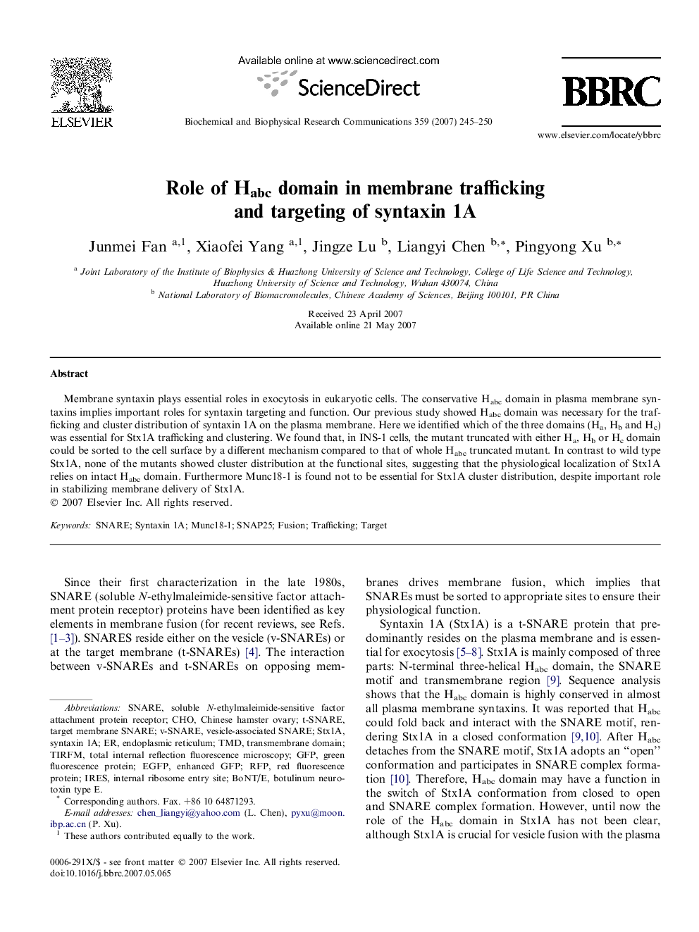 Role of Habc domain in membrane trafficking and targeting of syntaxin 1A