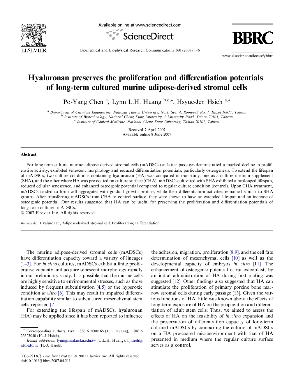 Hyaluronan preserves the proliferation and differentiation potentials of long-term cultured murine adipose-derived stromal cells