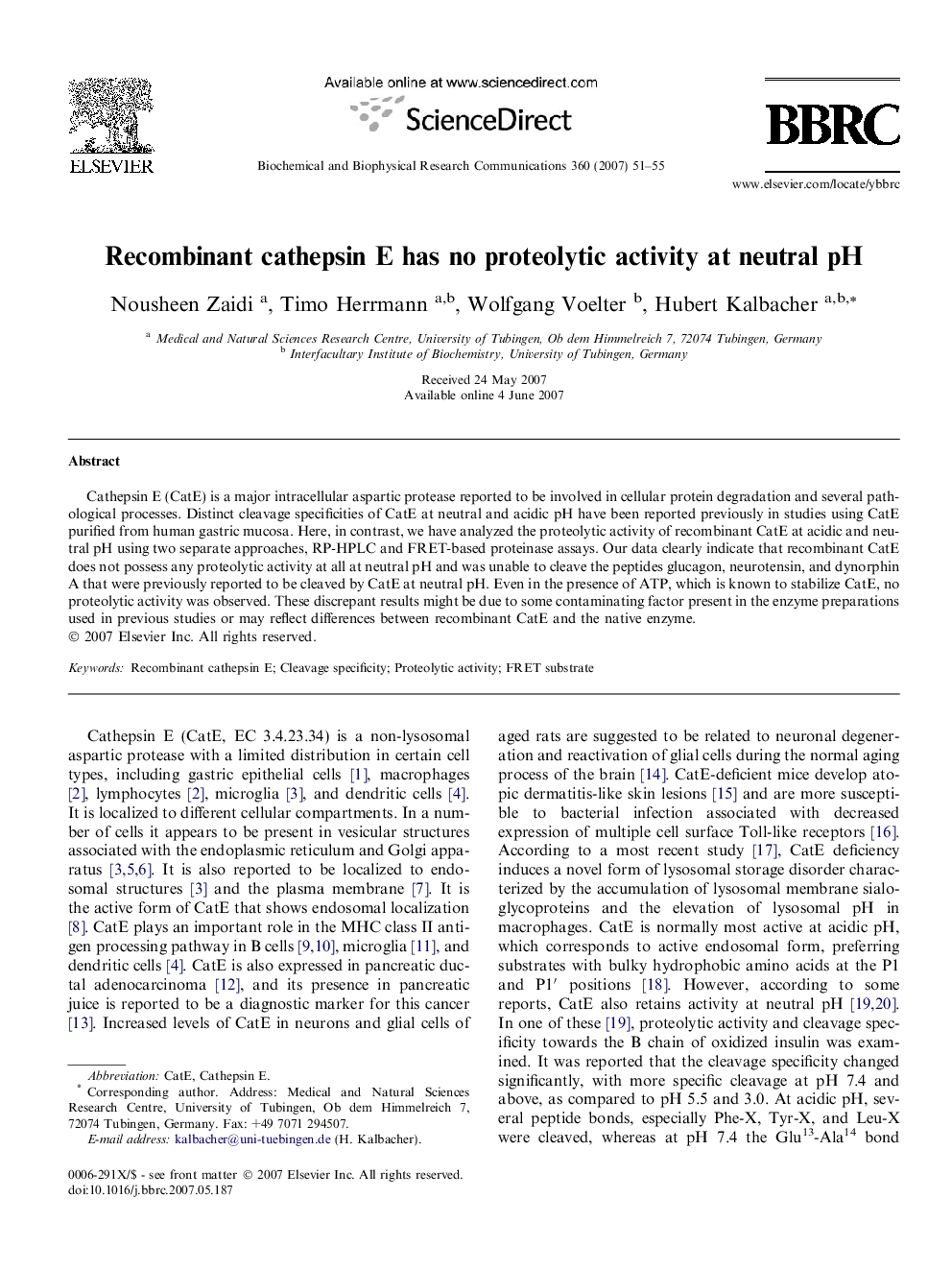 عکس صفحه اول مقاله: Recombinant cathepsin E has no proteolytic activity at neutral pH Recombinant cathepsin E has no proteolytic activity at neutral pH