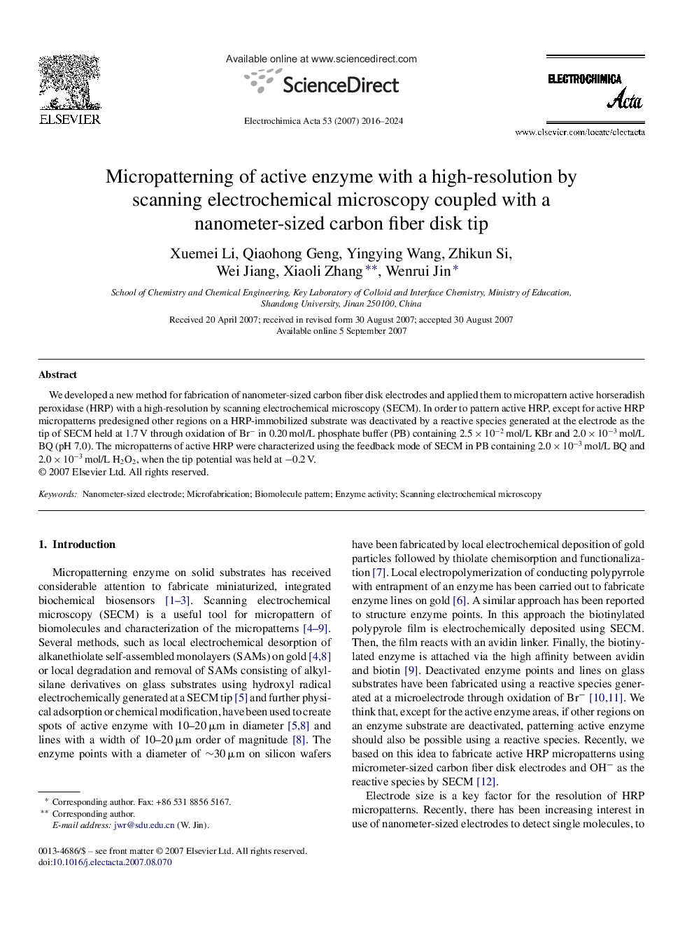 Micropatterning of active enzyme with a high-resolution by scanning electrochemical microscopy coupled with a nanometer-sized carbon fiber disk tip