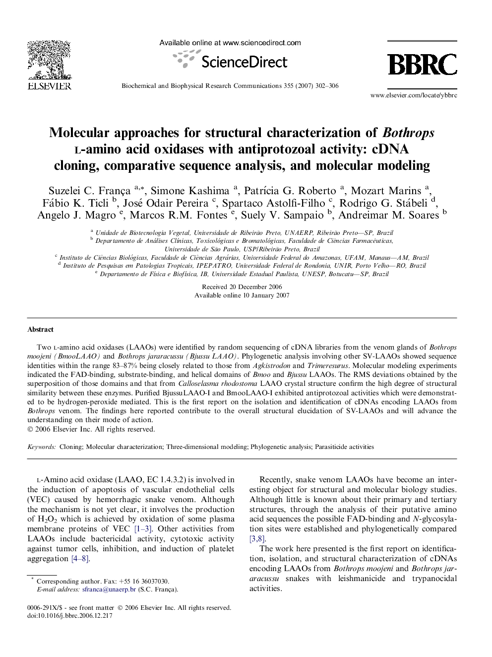 Molecular approaches for structural characterization of Bothropsl-amino acid oxidases with antiprotozoal activity: cDNA cloning, comparative sequence analysis, and molecular modeling