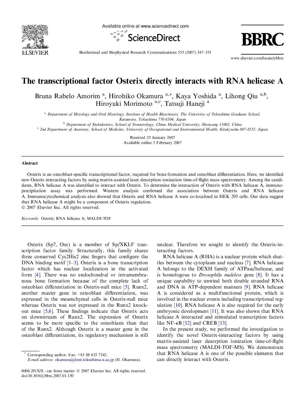 The transcriptional factor Osterix directly interacts with RNA helicase A