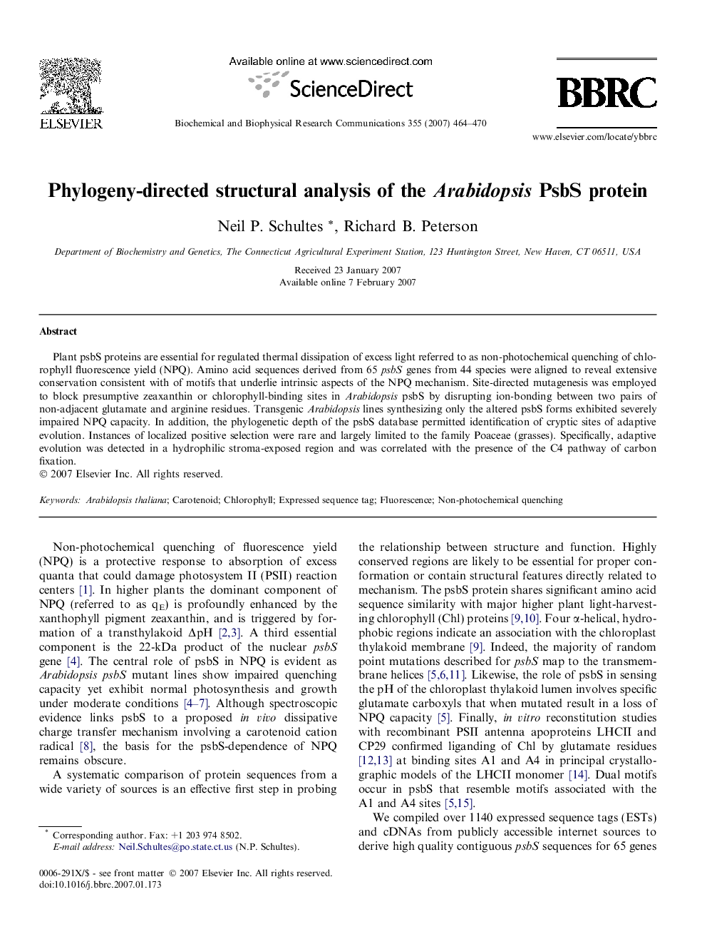 Phylogeny-directed structural analysis of the Arabidopsis PsbS protein