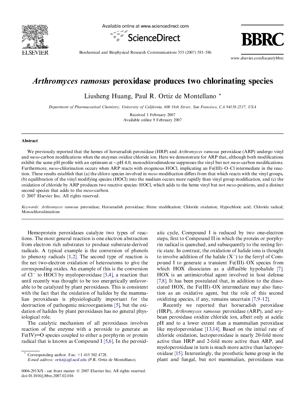 Arthromyces ramosus peroxidase produces two chlorinating species