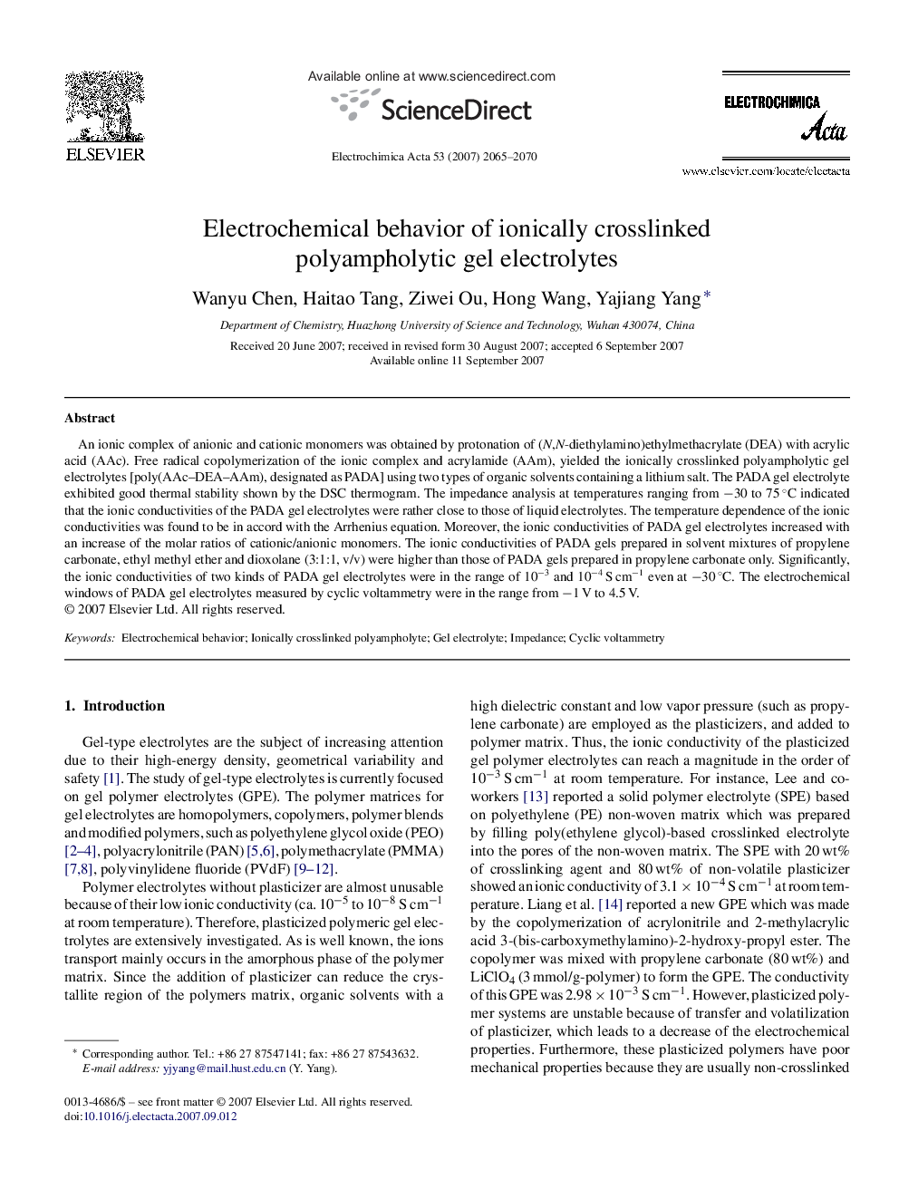 Electrochemical behavior of ionically crosslinked polyampholytic gel electrolytes