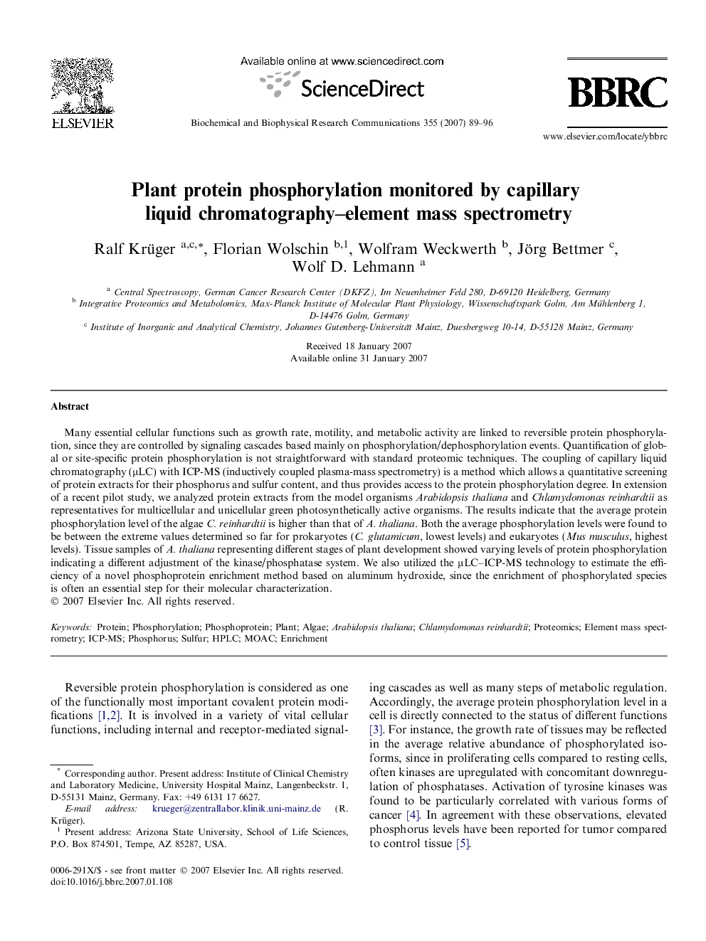 Plant protein phosphorylation monitored by capillary liquid chromatography–element mass spectrometry