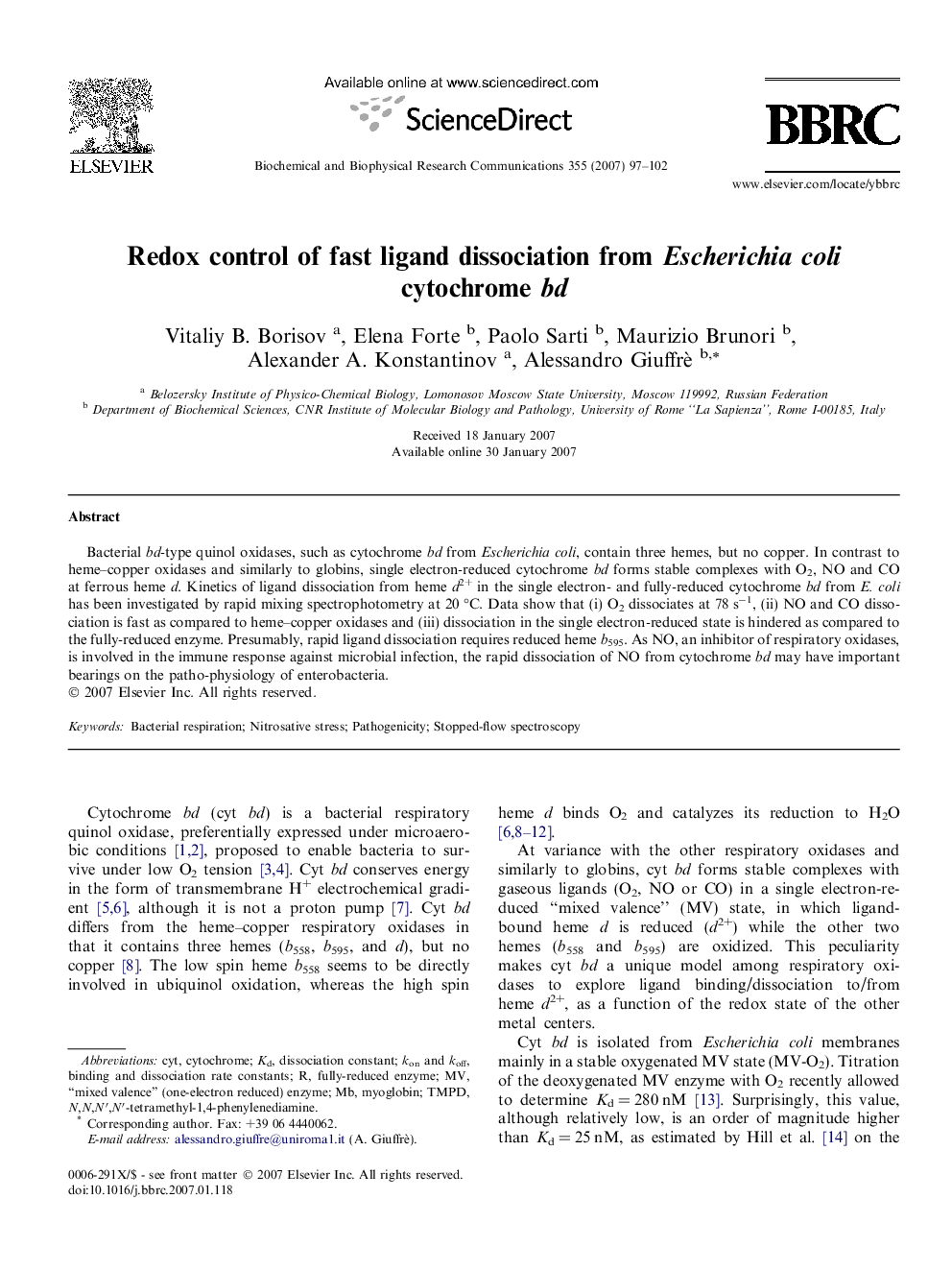 Redox control of fast ligand dissociation from Escherichia coli cytochrome bd