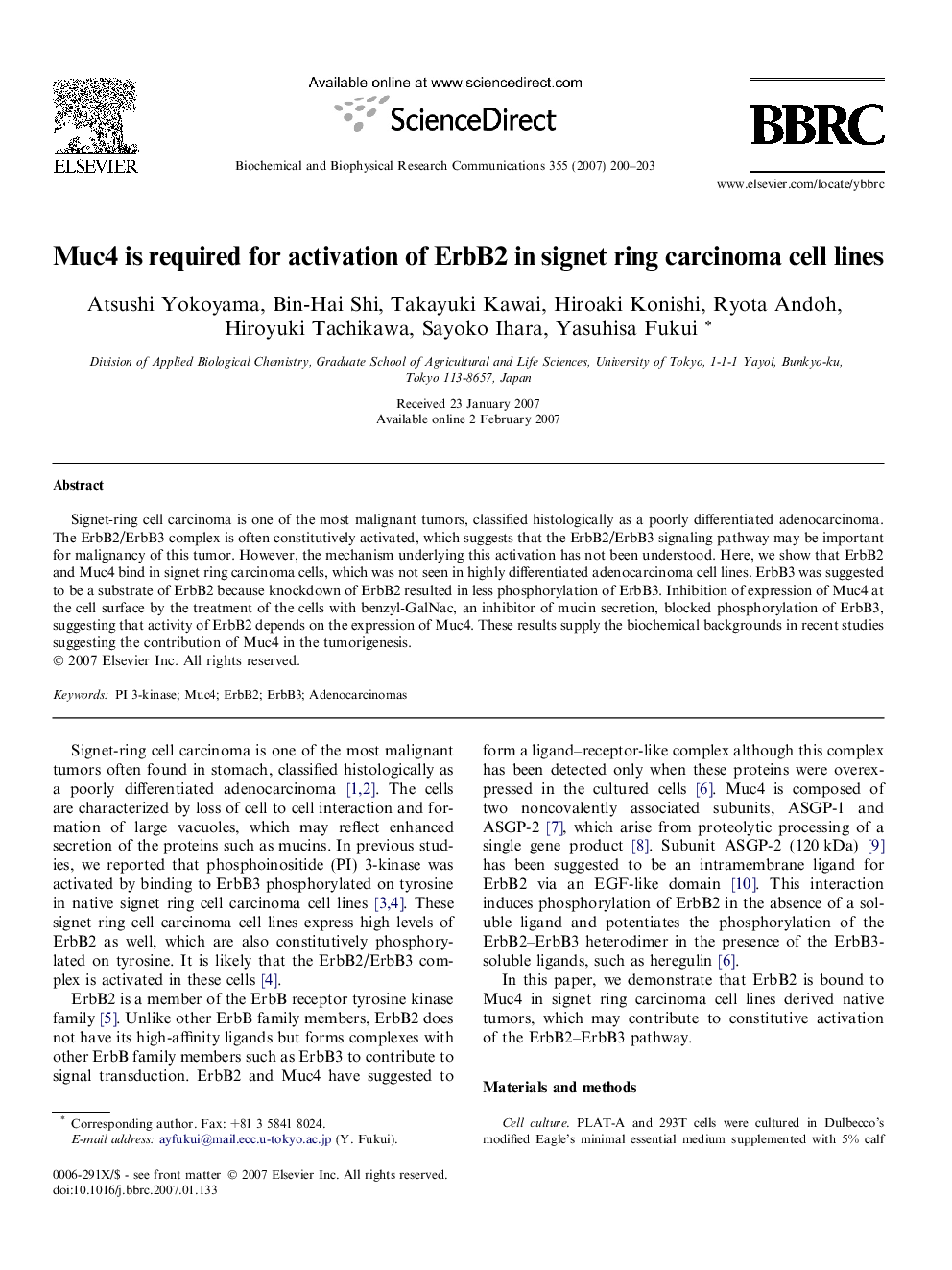 Muc4 is required for activation of ErbB2 in signet ring carcinoma cell lines