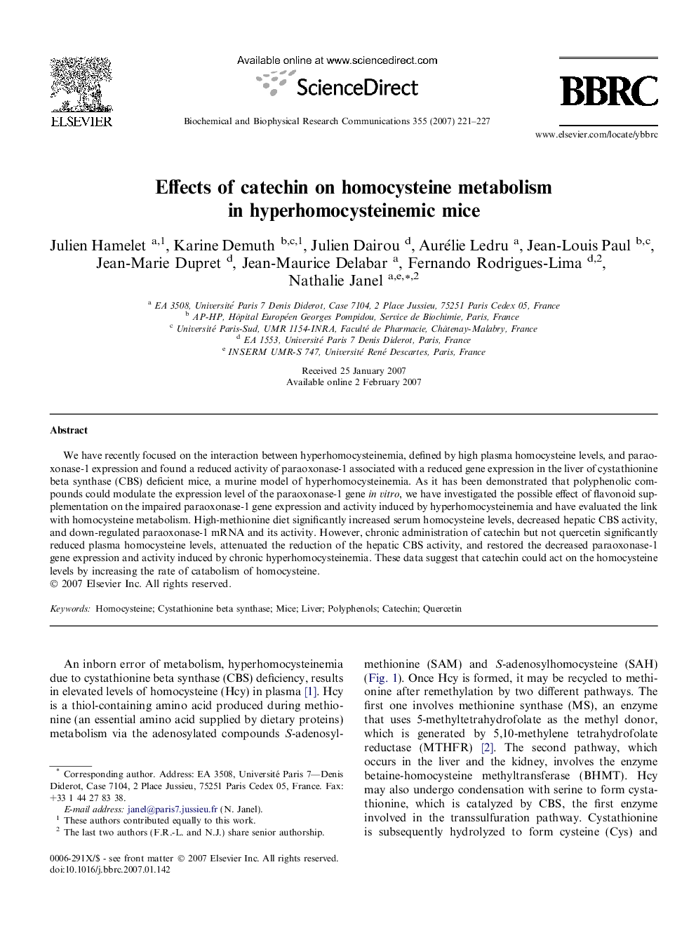 Effects of catechin on homocysteine metabolism in hyperhomocysteinemic mice