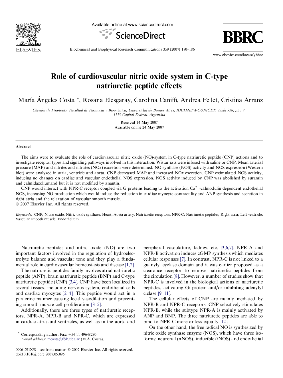 Role of cardiovascular nitric oxide system in C-type natriuretic peptide effects