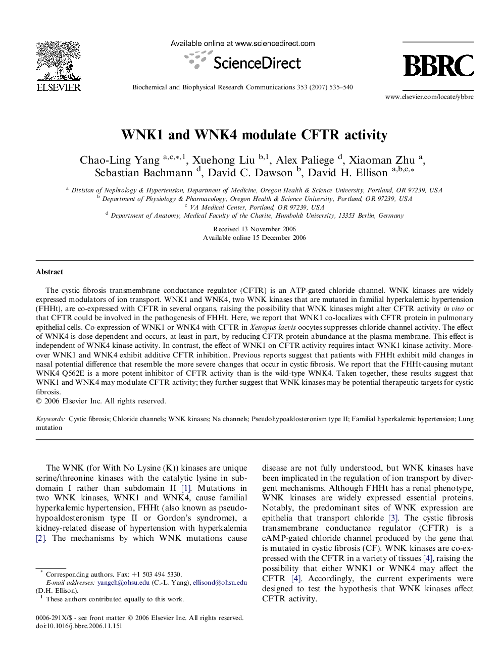 WNK1 and WNK4 modulate CFTR activity